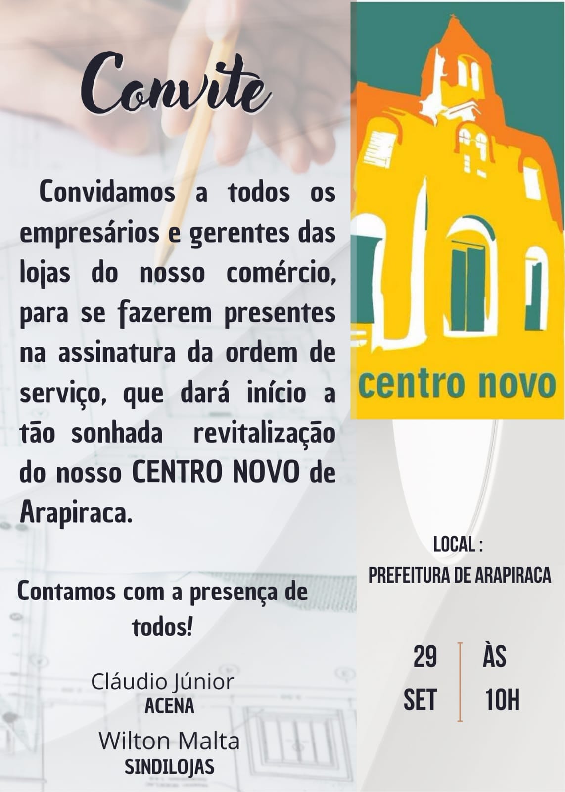 Leia mais sobre o artigo Convite | Assinatura da Ordem de Serviço do Projeto de Revitalização (Centro Novo)