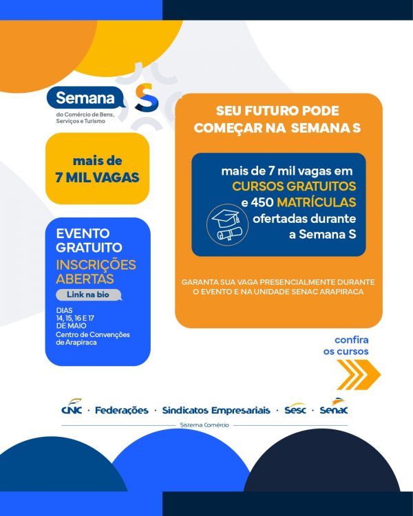 Leia mais sobre o artigo Semana S ofertará mais de 7 mil vagas gratuitas de qualificação profissional